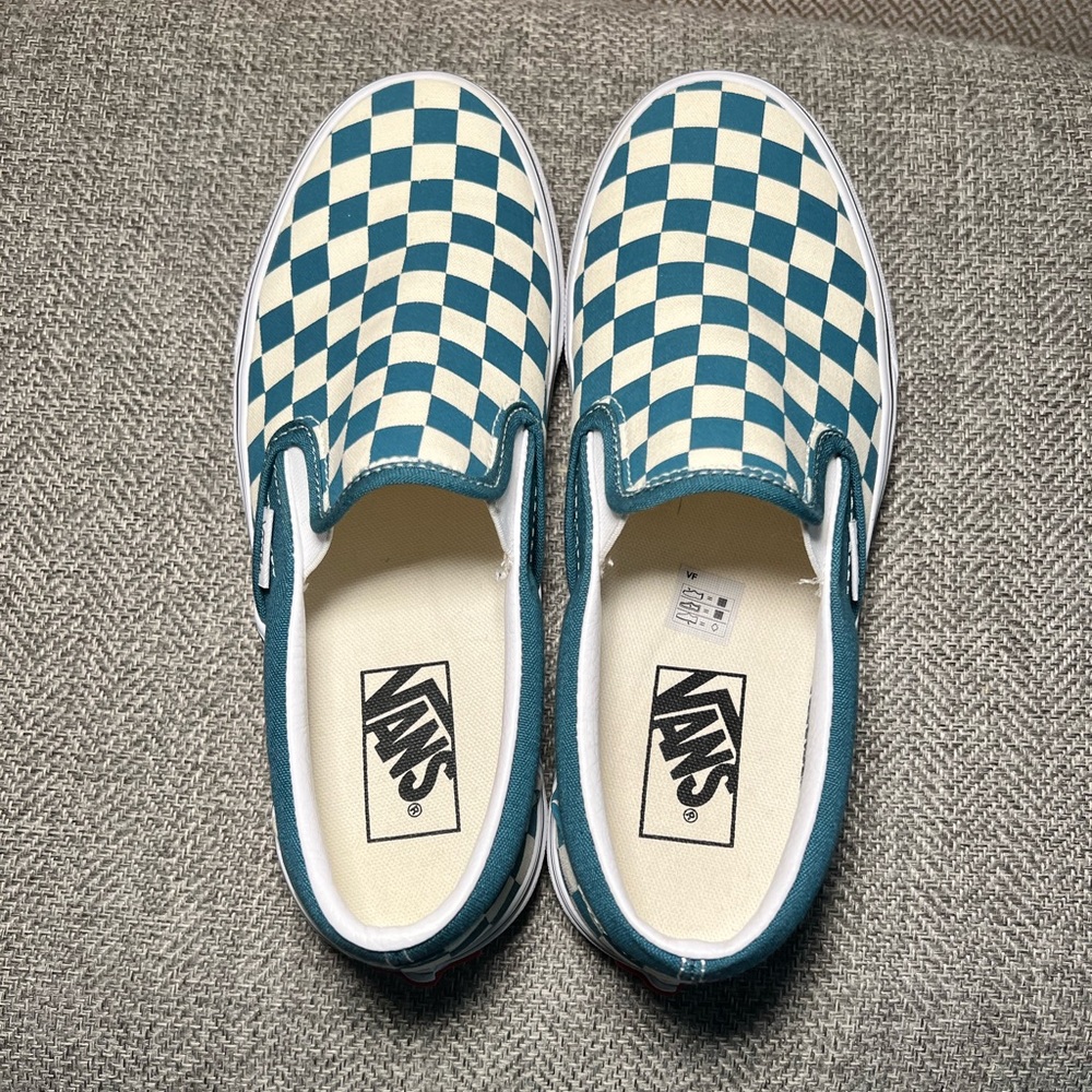 Blue/teal checkered board slip on vans womens 7.5 never worn